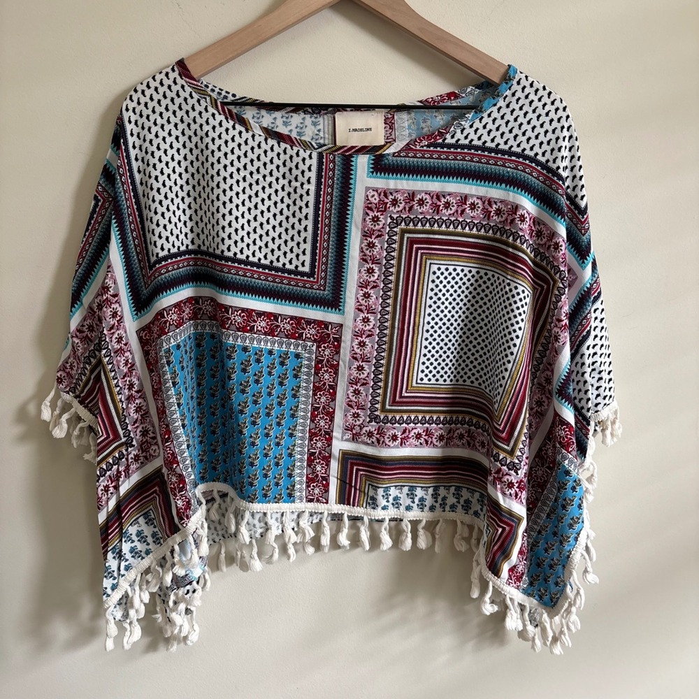 I. Madeline Boho Patchwork Tassel Fringe Poncho Top Multi Color Small